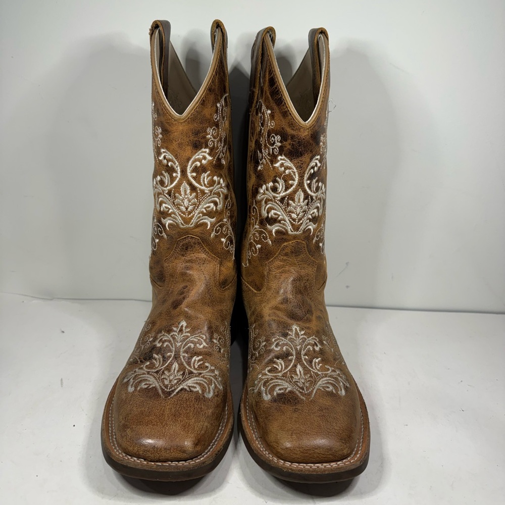 BSY1958 Old West Girl's Youth Square Toe Leather Western Boot Brown Size 7 - Picture 2 of 9